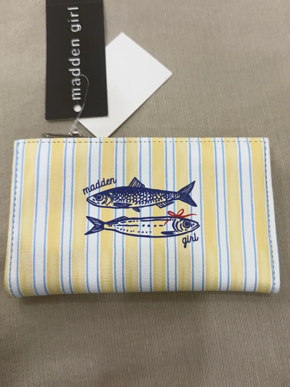 Hard to find! Madden Girl Yellow & White Striped Wallet with Blue Fish Print